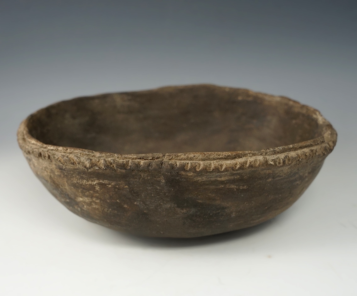 Oval Shaped 8 1/2" Wide Mississippian Bowl with a pie crust rim. Some restoration, Arkansas.