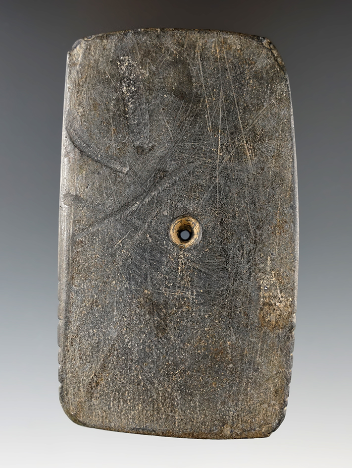 3 3/4" Hopewell Slate Pendant that is tallied on two sides, found in Clare Co., Michigan.