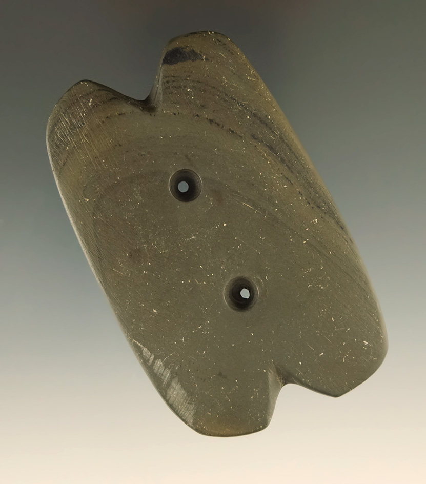3 1/8" unique indented ends on this green banded slate Reel Gorget found in Clinton Co.,  Ohio.
