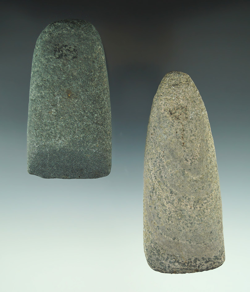 Pair of stone Celts and nice condition found in southern Michigan. Largest is 4 3/8". Ex. Wagle