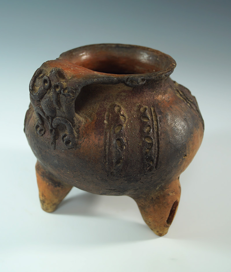 5 1/2" pre-Columbian strap handle tri-legged jar with rattles found in Meso-America.