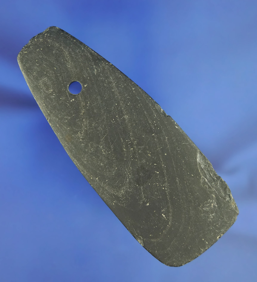 3 7/8" black slate Trapezoidal pendant found in Miami Co.,  Ohio. Ex. Doc Stulman collection.
