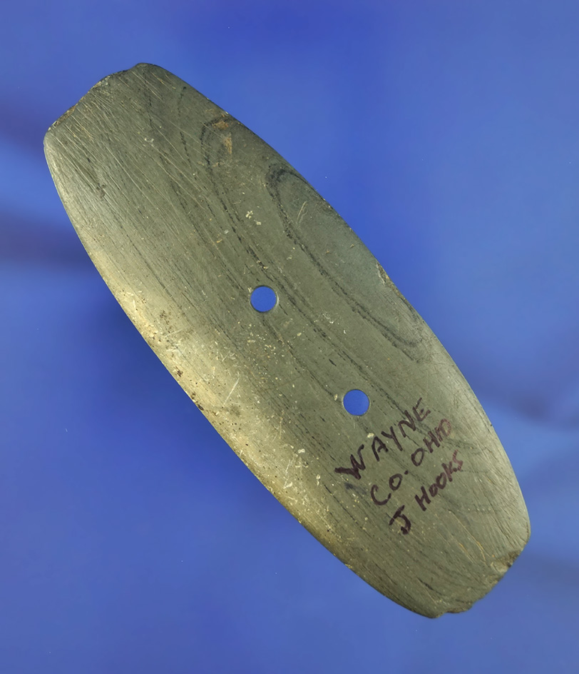 3 13/16" banded slate Gorget found in Wayne Co.,  Ohio by Jack Hooks.