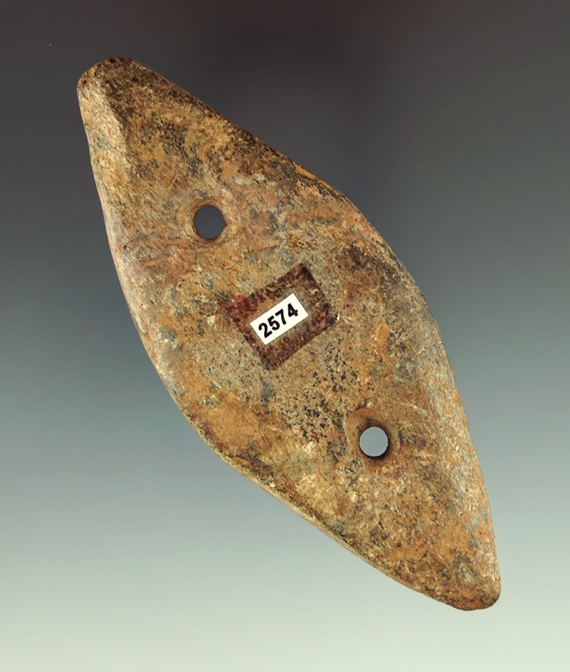 3 3/4" heavily patinated steatite Expanded Center Gorget found in Ohio.