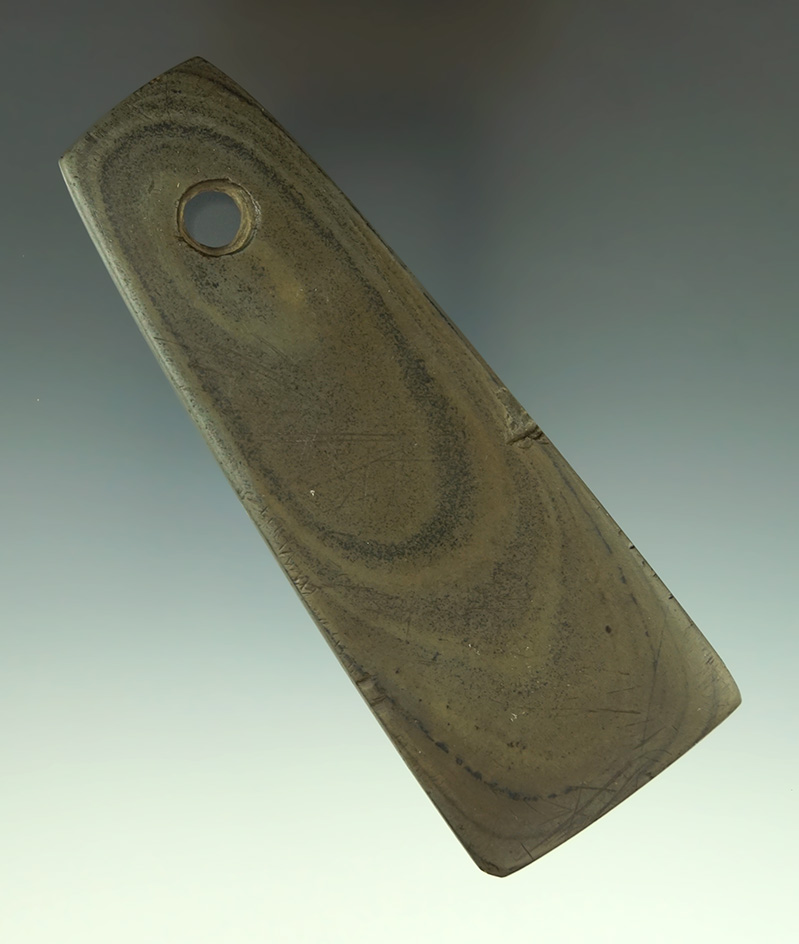 4 5/16" Trapezoidal Pendant with some engraving and tally marks found in Hamilton Co.,  Ohio.