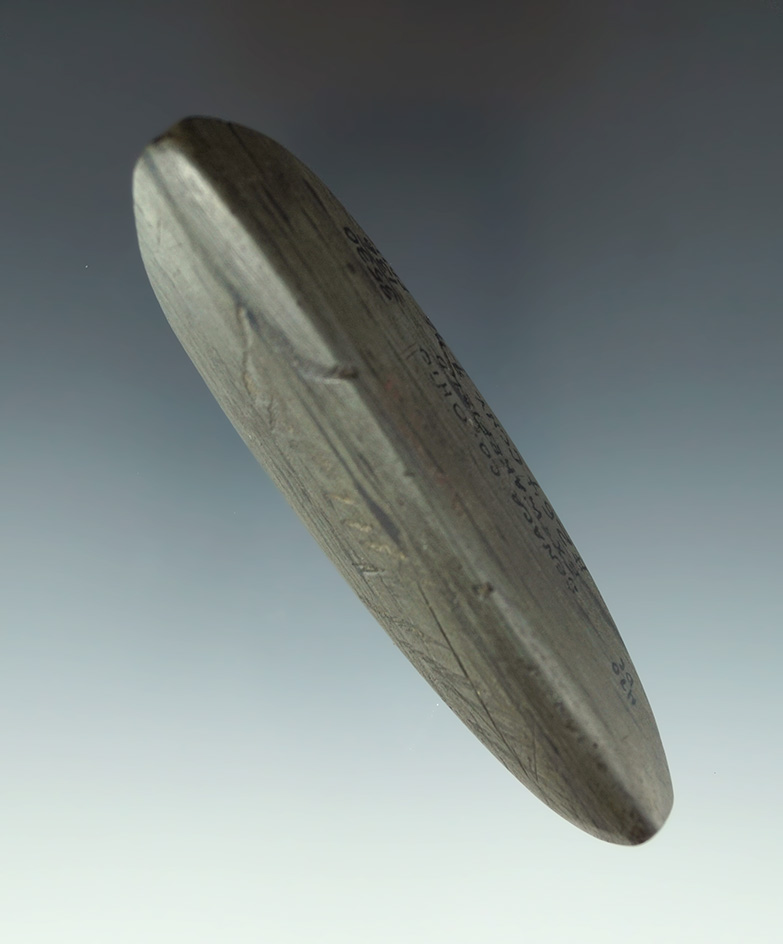 3 3/4" undrilled Ridged Gorget found in Seneca Co.,  Ohio. Ex. Al Wakefield, Rocky Faletti.