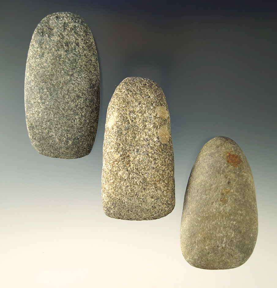Set of three stone Celts in very nice condition found in Michigan. Largest is 3 3/16".