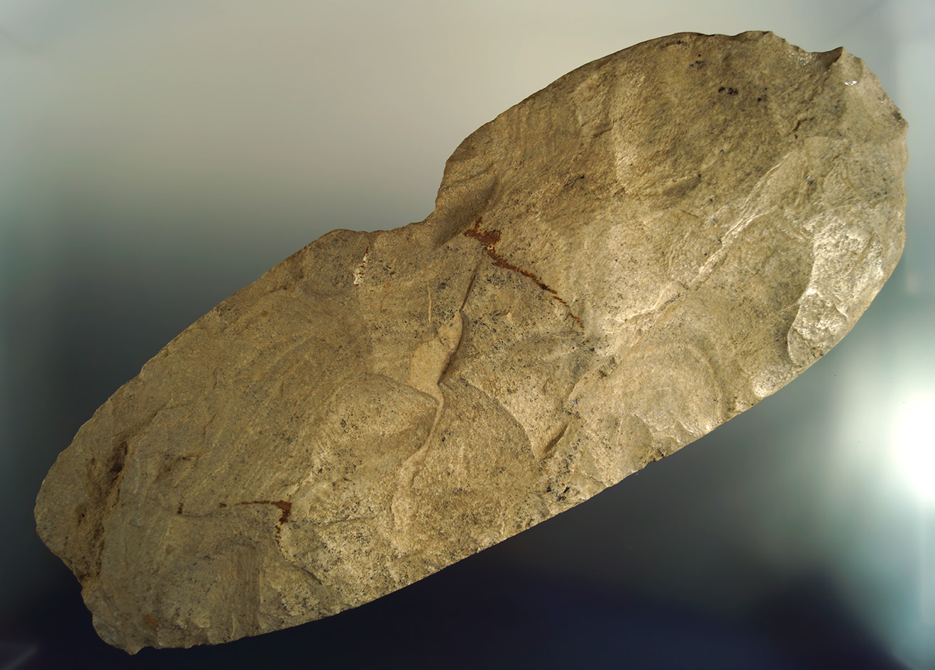 Large 11" long Millcreek chert Spade with nice use polished to bit area found in Illinois.