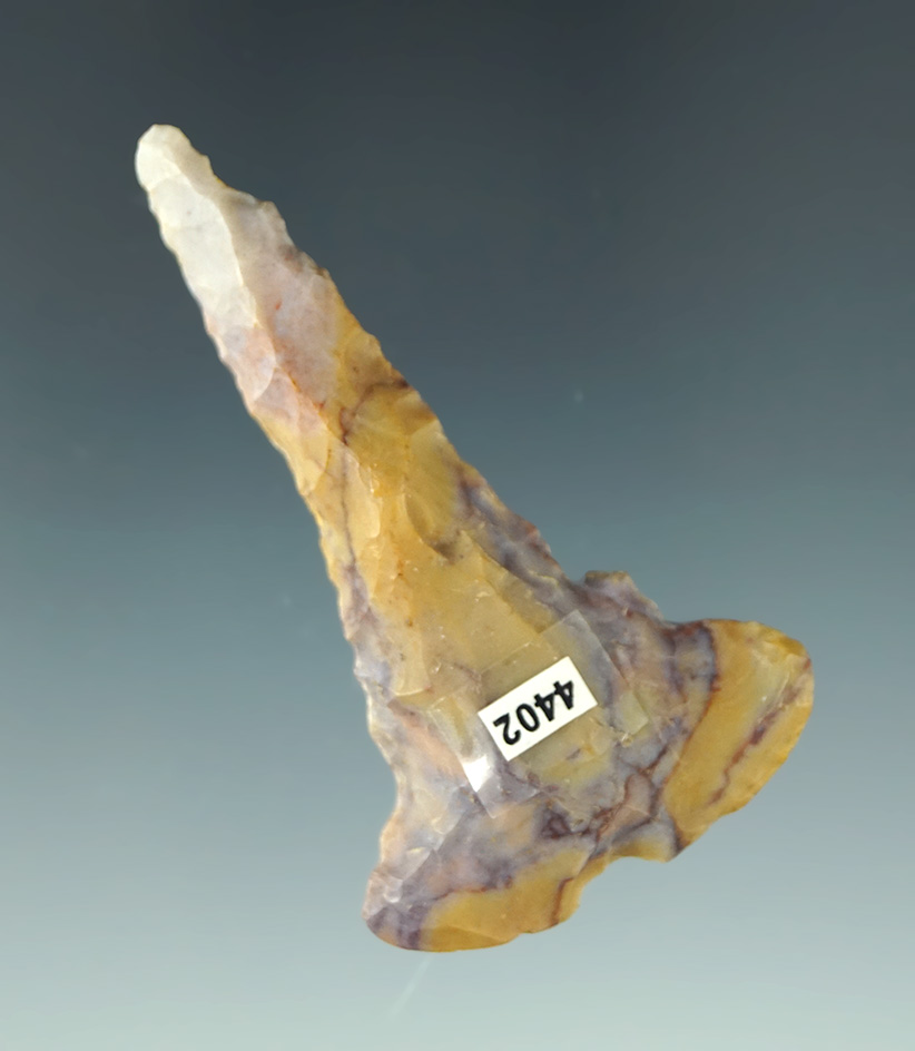 Colorful!  2 3/8" Flint Ridge Flint Notched Base Dovetail drill found in Ohio.  