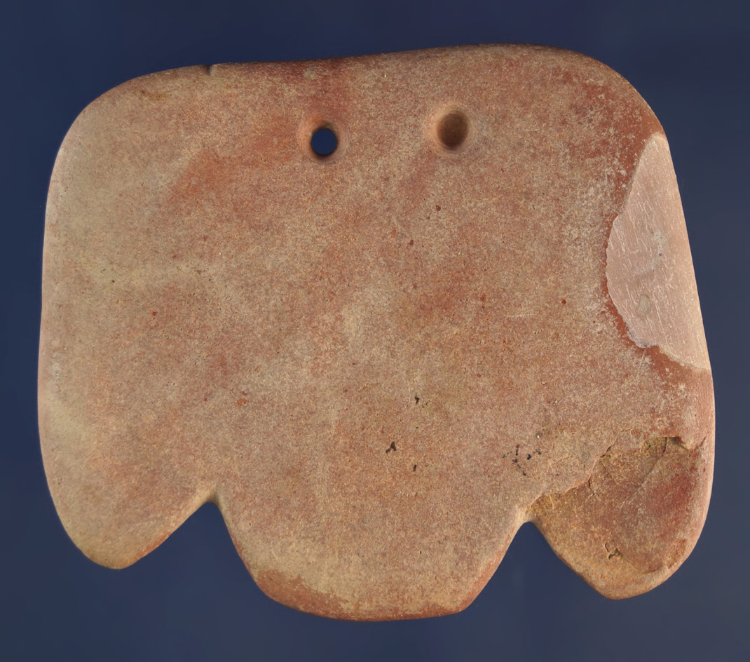 2 3/8" wide uniquely shaped Gorget found in Nodena Arkansas. Small spot of restoration to one end.