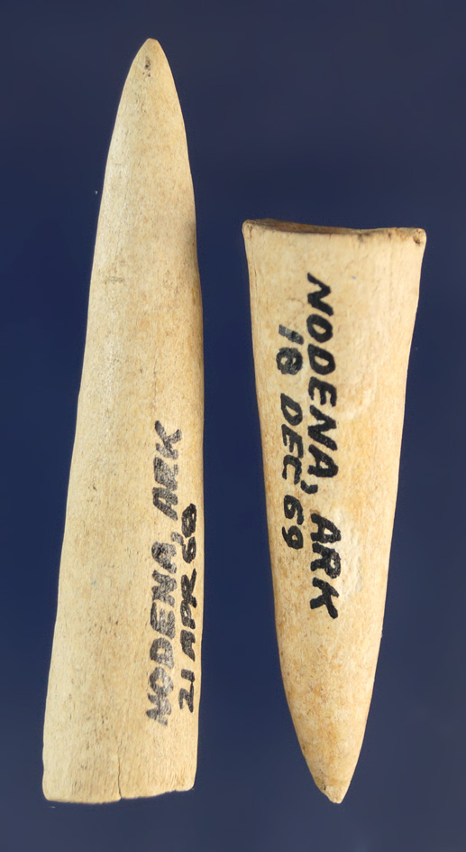 Pair of Conical Antler Tip Projectile Points, largest is 2 3/16". Both were found in Nodena Arkansas