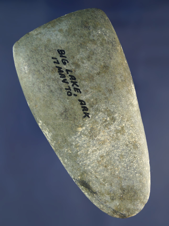 3 5/8" well styled and nicely polished Hardstone Celts found near Big Lake, Arkansas on May 17, 1970