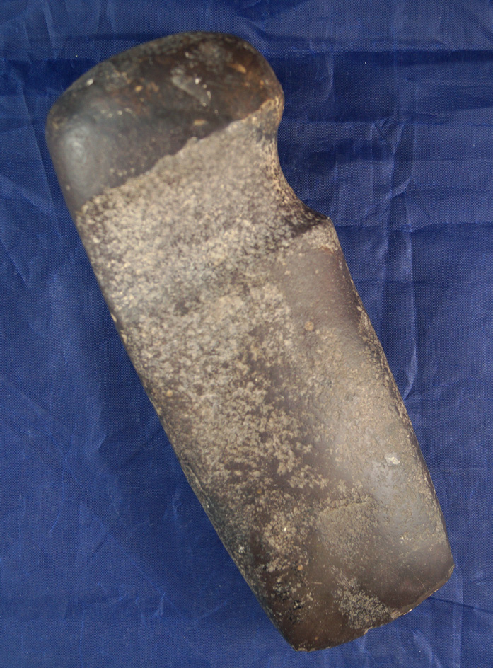 7 15/16" long 3/4 grooved Axe found in Ohio.  Small spot of restoration to one bit corner.