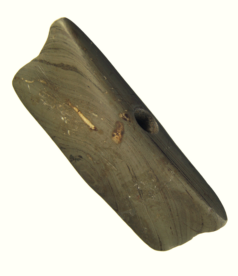 4 7/8" Reel Bannerstone found in Logan Co., Ohio made from nicely banded slate. Davis COA.