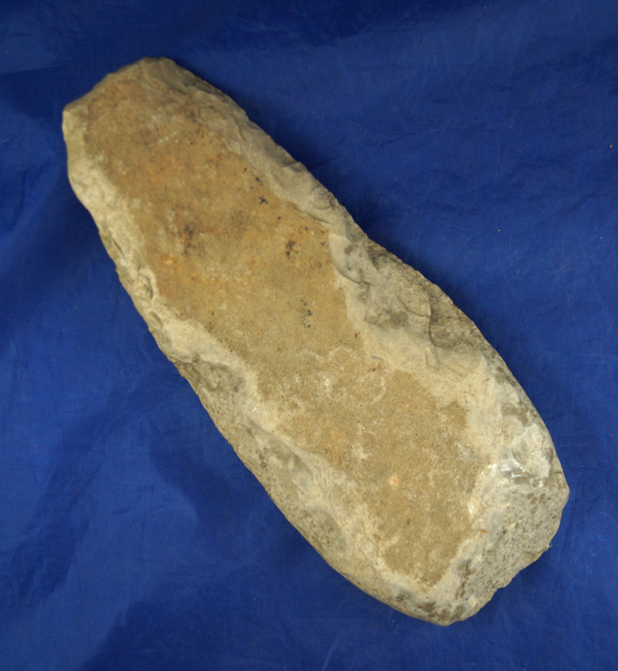 8 7/8" flaked Hoe with heavy use polished to bit area found in northern Kentucky.