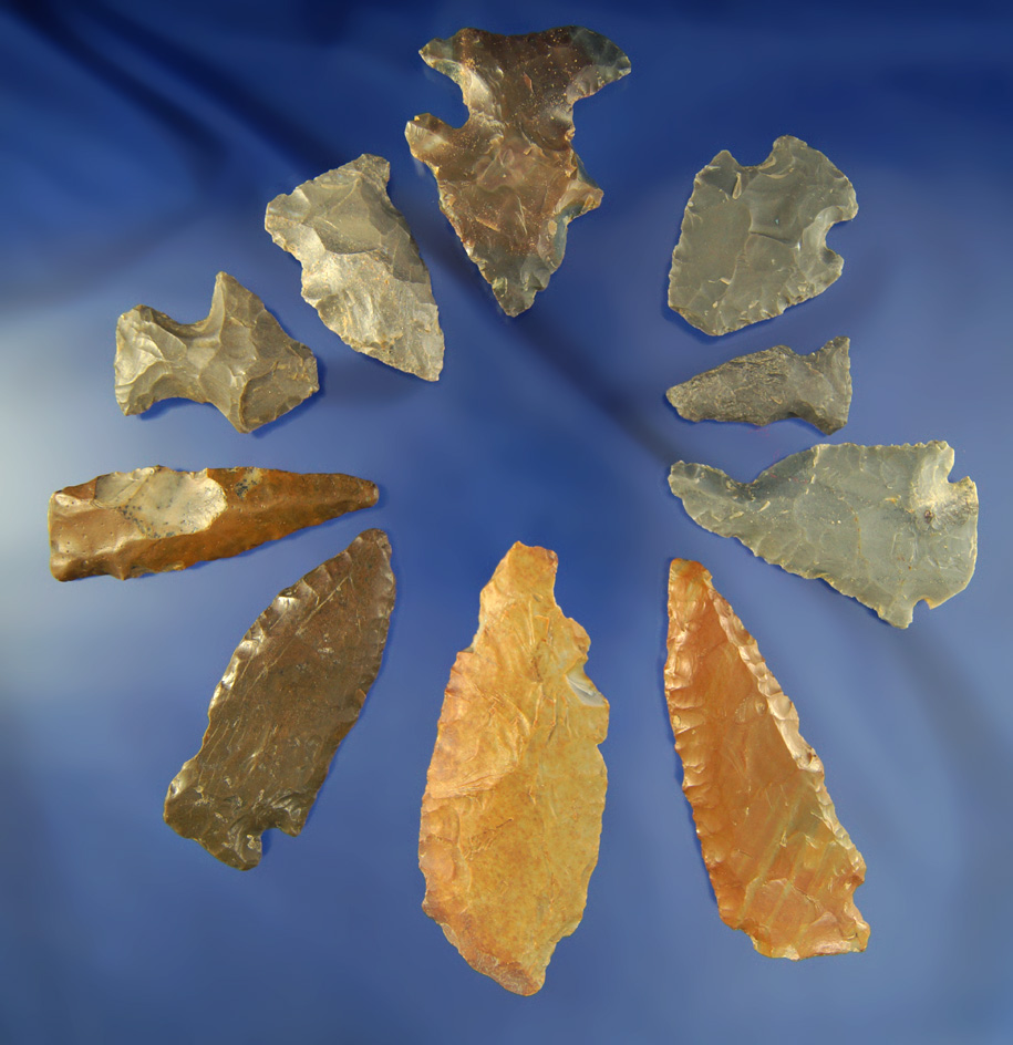 Group of 9 Artifacts in varying conditions , some water polished, - Crib Mound,, Spencer Co., Indian