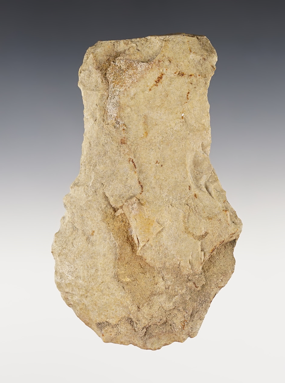 5 1/4" Notched Hoe made from Mill Creek Chert. Missouri. Nice use wear to the bit.