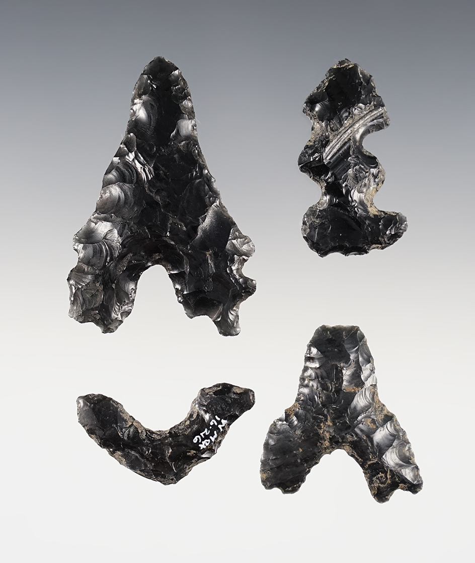 Set of four obsidian eccentrics recovered in western Mexico. All are well patinated.