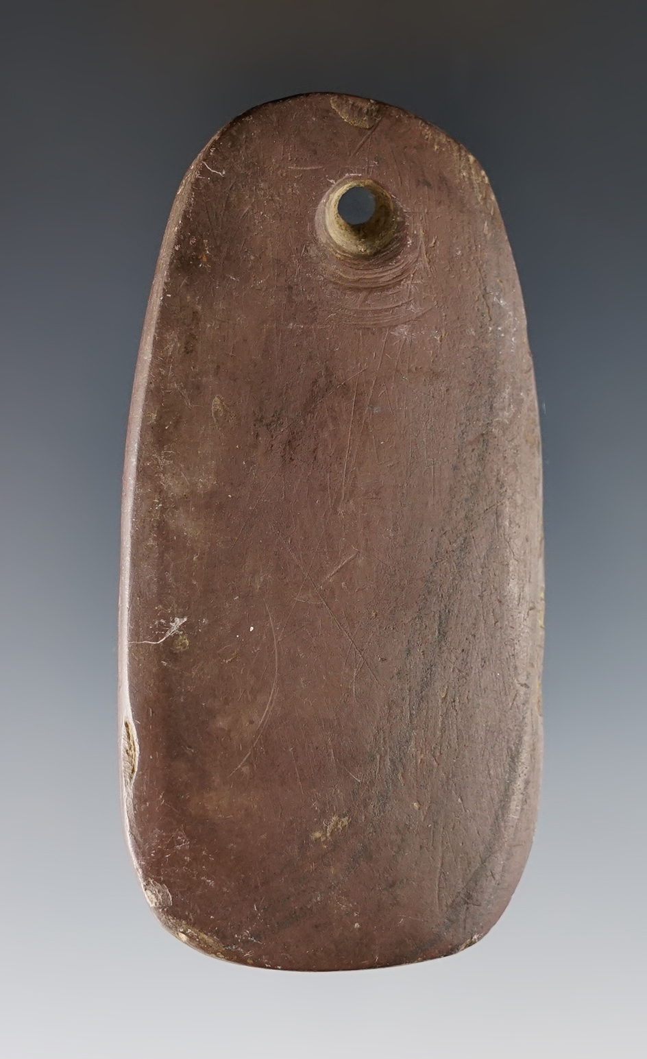 3 1/8" Pendant made from patinated red Banded Slate. Great Gully Site in Cayuga Co., NY.