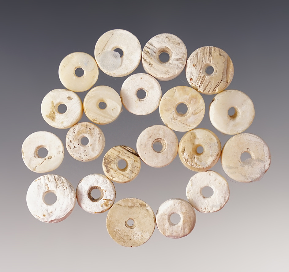 Set of 20 Shell Beads found in Sacramento Valley, California. The largest is 5/8".