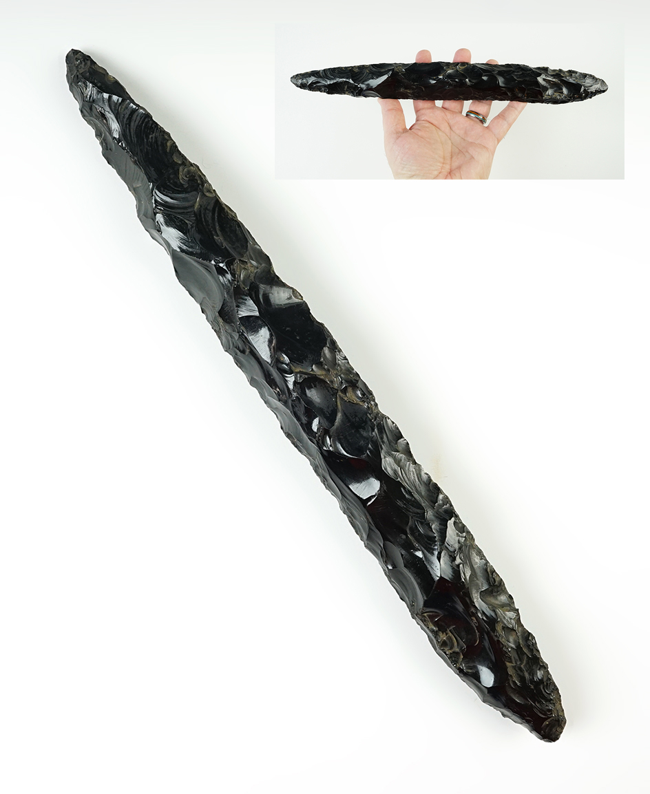 Large 14" Bifacial Knife made from patinated Obsidian. Found in Western Mexico.