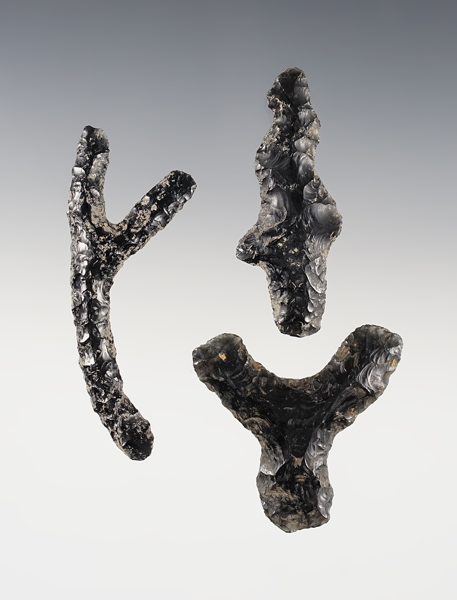 Set of three obsidian eccentrics recovered in western Mexico. All are in nice condition.