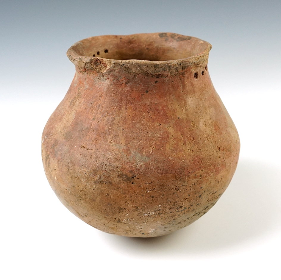 4 3/4" tall x 5 1/4" wide nicely styled Pre-Columbian pottery vessel in solid condition.
