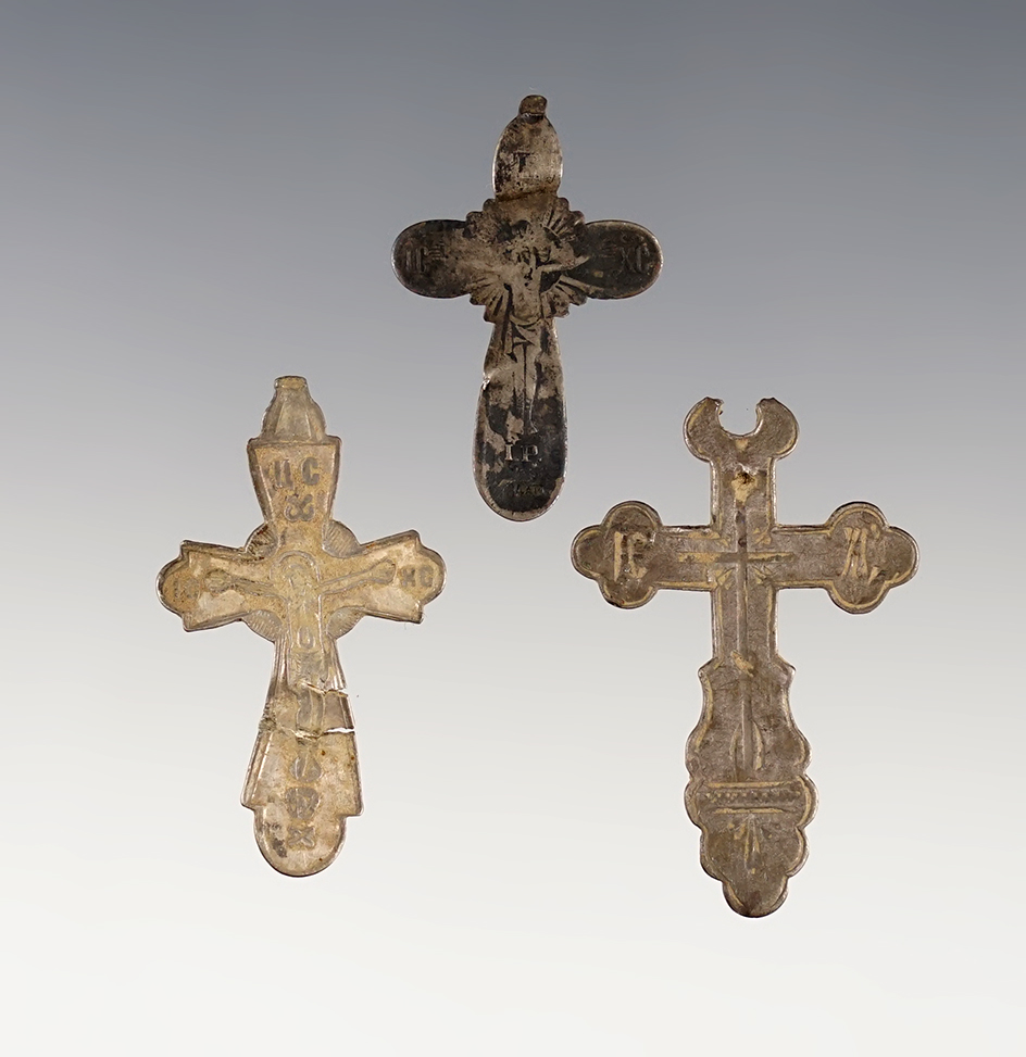 Set of 3 Medieval Byzantine Cross Pendants. The largest is 1 3/8".