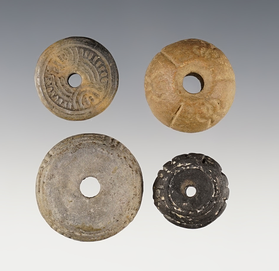Set of Mexican Pottery artifacts including 2 Spindle Whorls, 1 Bead and 1 Ear Spool. 