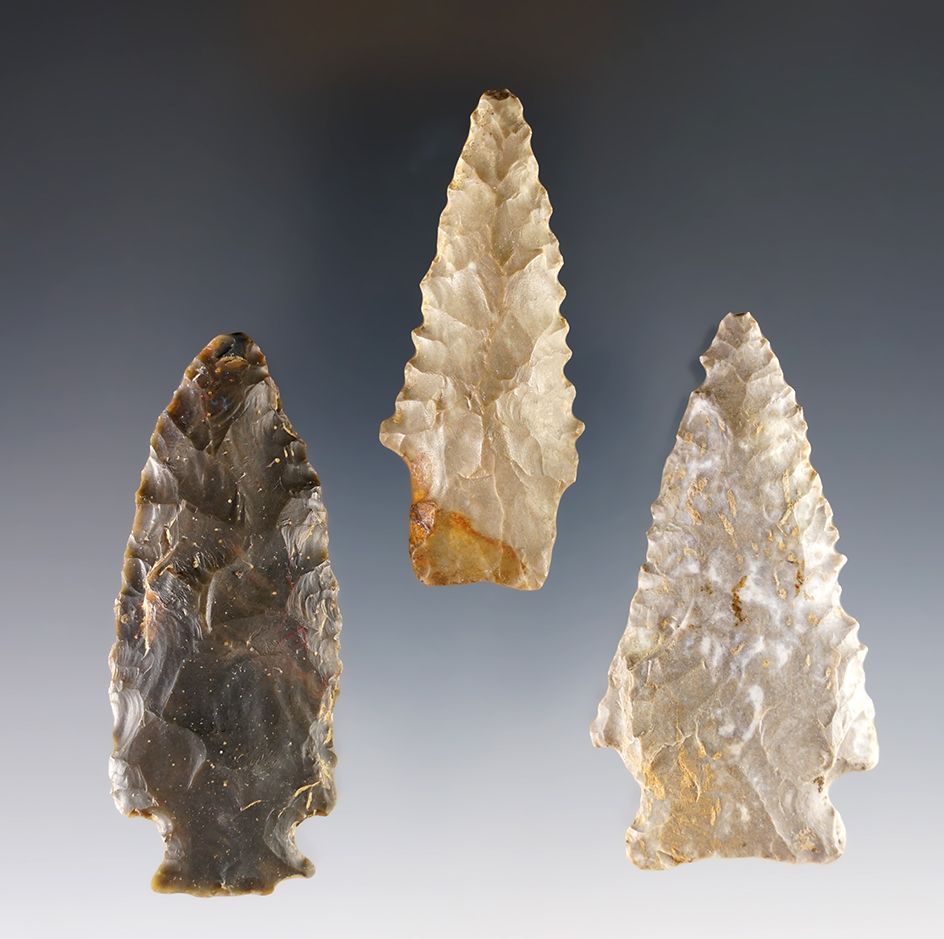 Set of three well styled Archaic points found in Kentucky. Largest is 2 1/2".