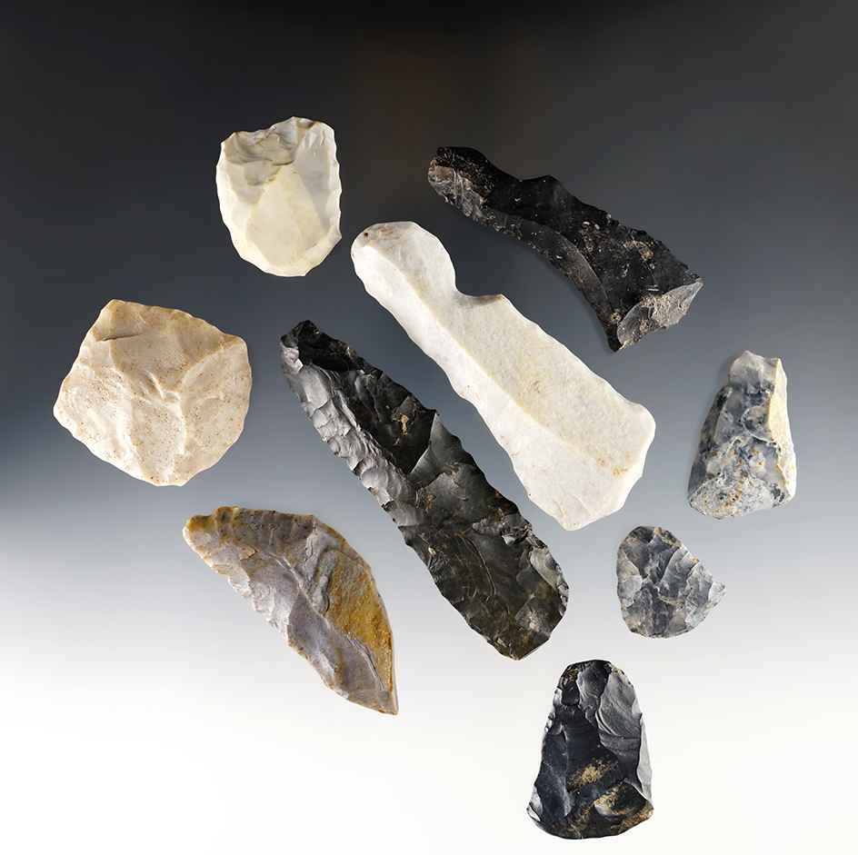 Group of nine assorted Paleo tools found in Ohio. Largest is 3 1/4".