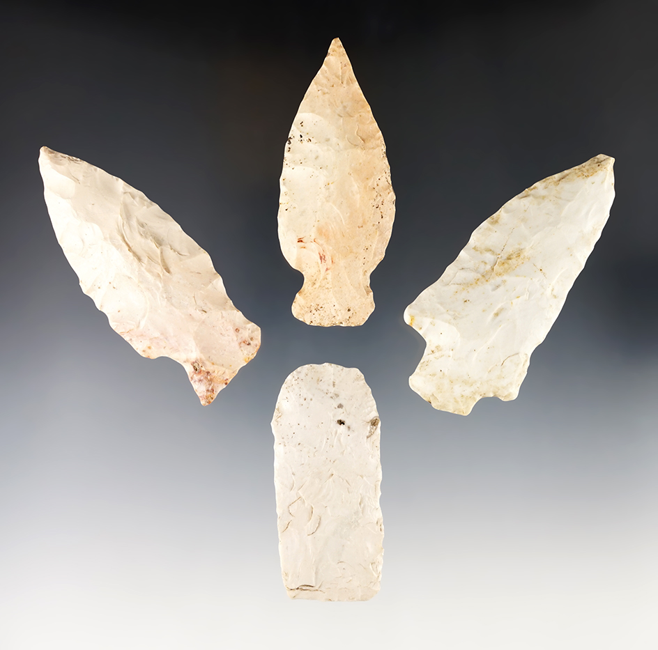 Set of 4 Illinois/Missouri area artifacts- 3 Archaic flint knives and a Paleo squared knife. 