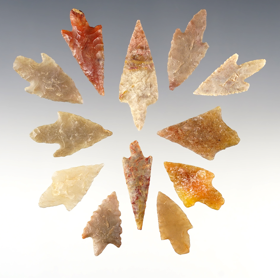 Set of 12 African Neolithic points in good condition. The largest is 1 11/16".