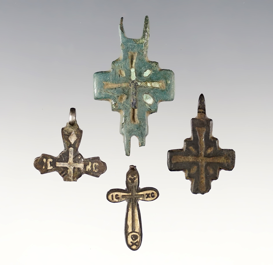 Set of 4 Byzantine Medieval Cross Pendants. The largest is 1 1/4".