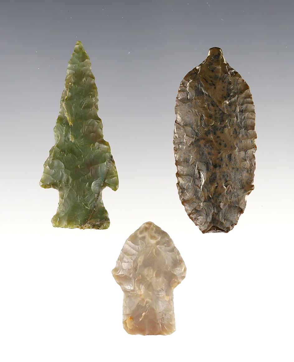 Set of 3 nicely made points found in California. The largest is 2 3/16".