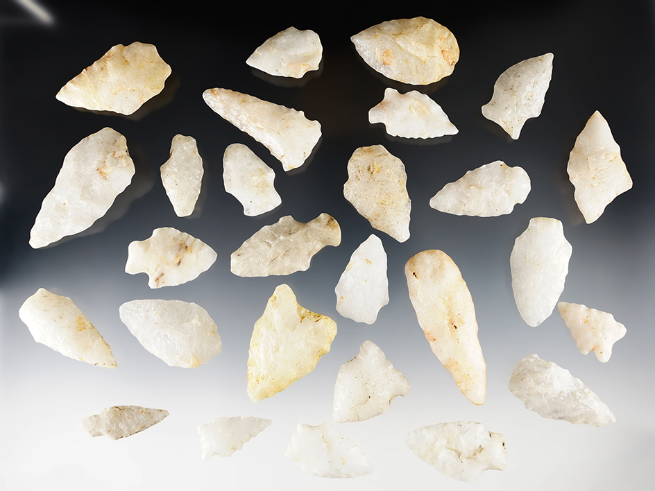 Set of 27 Connecticut Arrowheads made from Quartzite. The largest is 2 7/16".