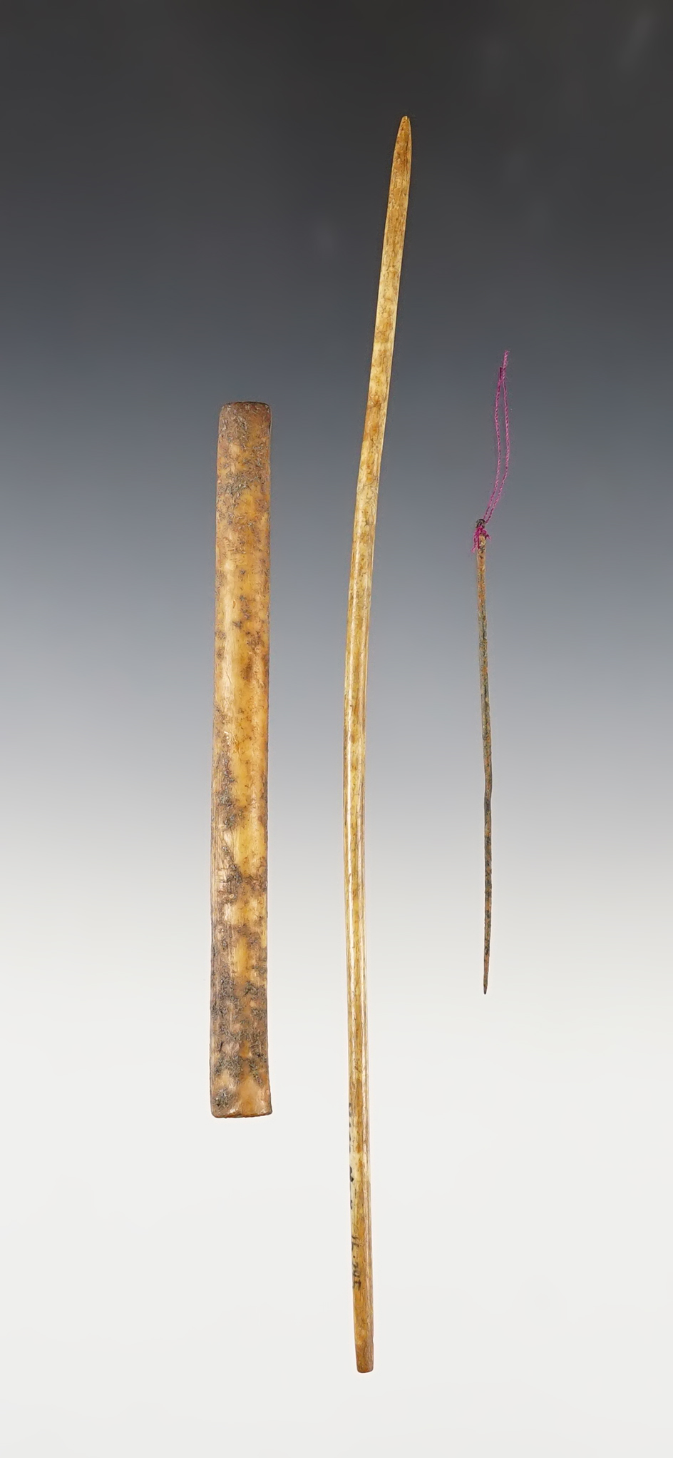Set of 3 Mexican Bone artifacts including 2 needles and one bead.