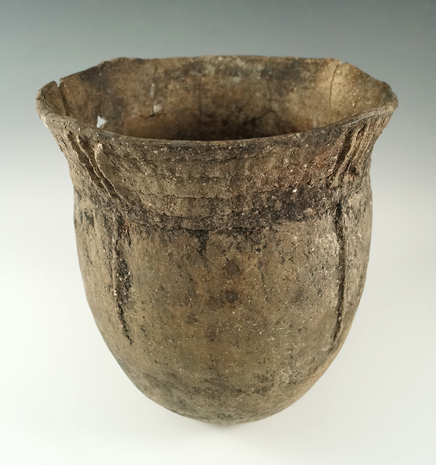 Museum! 8" by 7 3/8" Caddo Nash Neck Banded pottery vessel, circa AD 1400 - 1700 from Arkansas.