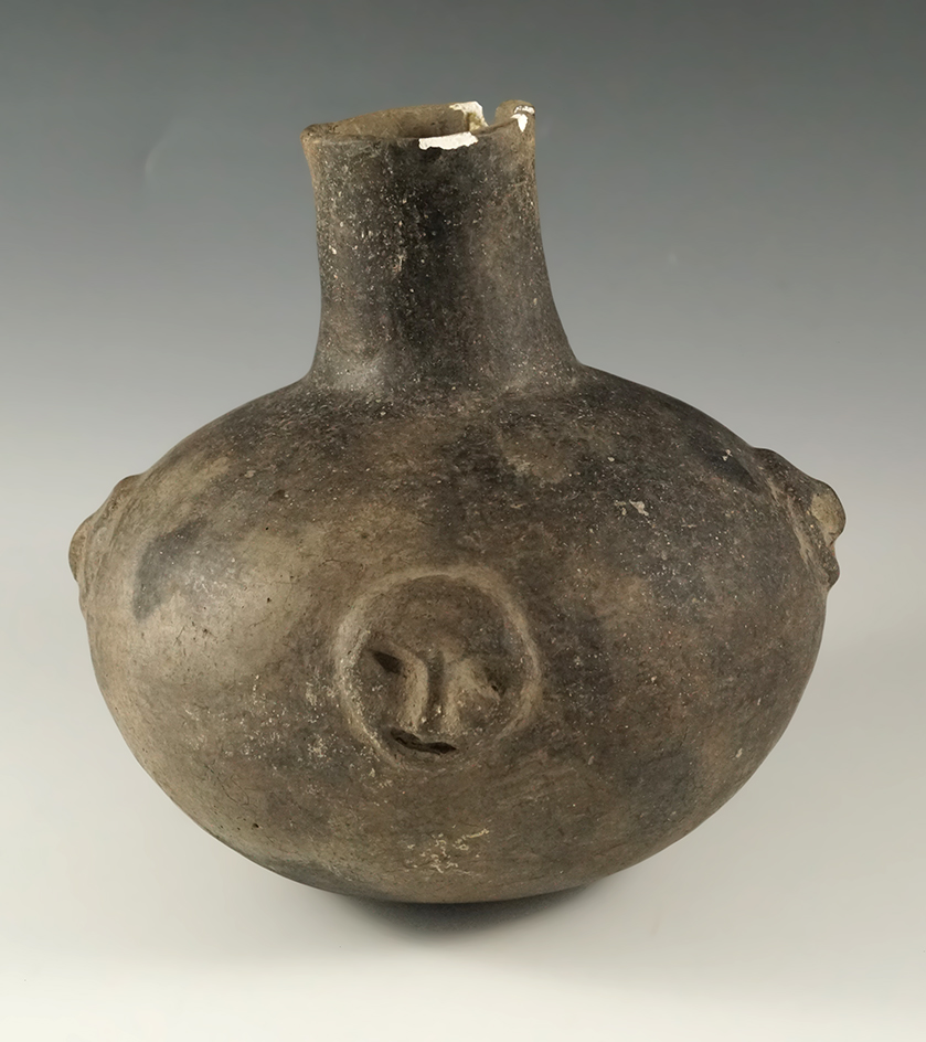 7 1/4" tall by 8"  Mississippian Bottle with medallion faces found in Mississippi Co., Arkansas.