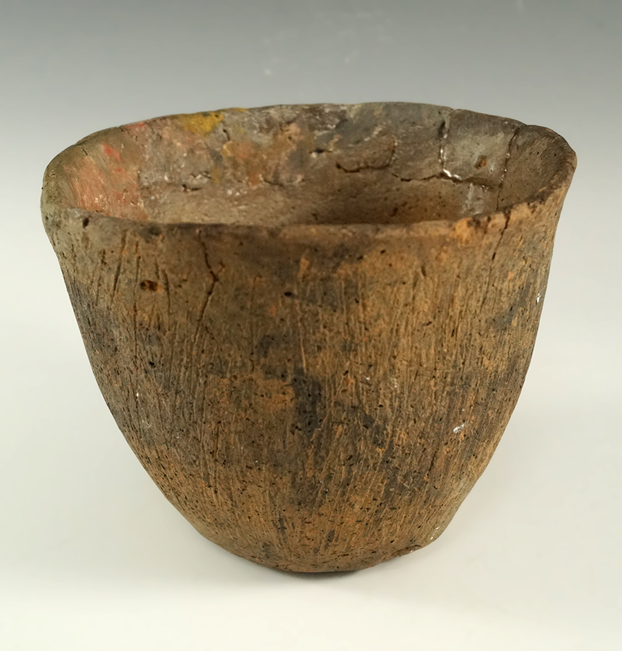 4 1/8" tall by 5" wide Caddo Brushed Incised Bowl (E. Texas) with several pieces glued back.