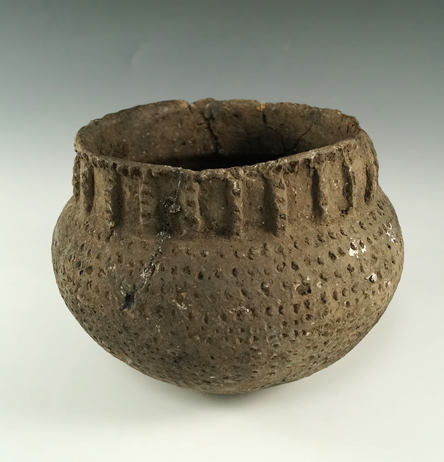 7 3/8" wide by 5 3/8" tall Mississippian Parkin Punctate Jar (N.E. Arkansas)  some reglued pieces.