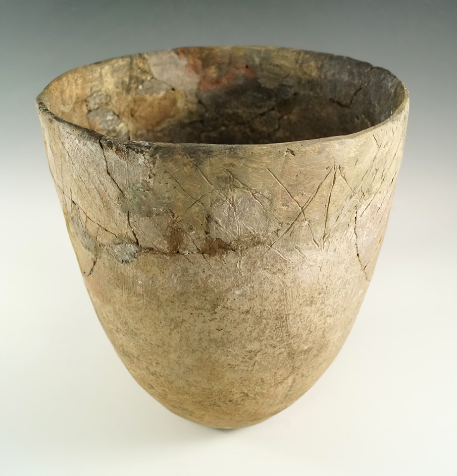 8 5/8" by 7 1/4" Canton Incised Jar (E. Texas) Some restoration and many glued back pieces.