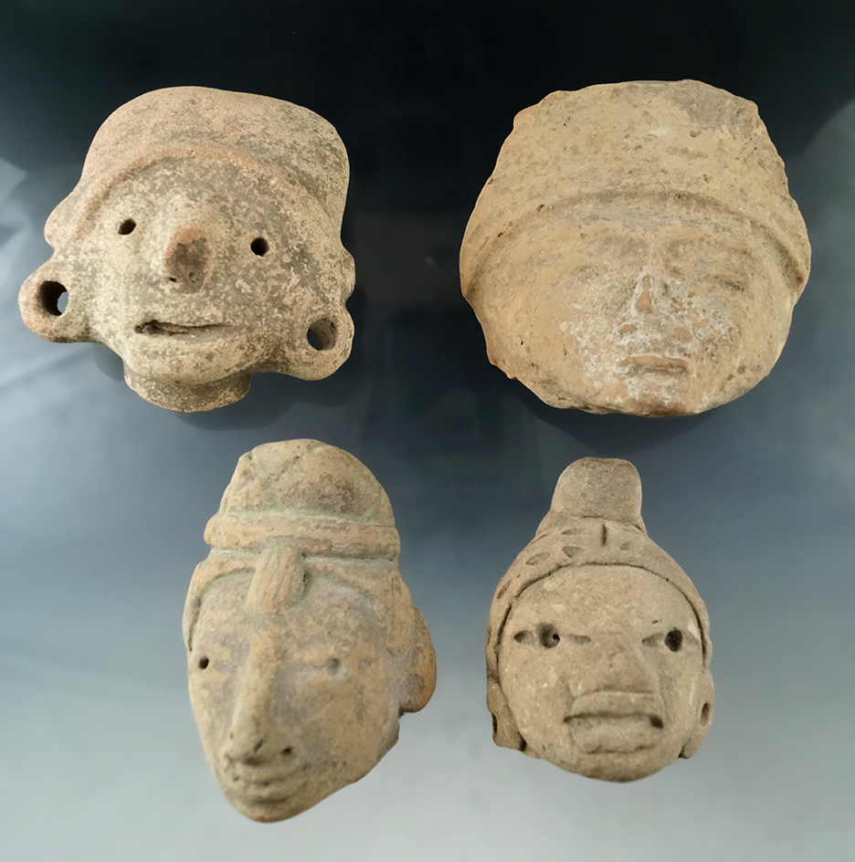 Set of four nice sized pre-Columbian pottery heads found in Mexico, largest is 3".