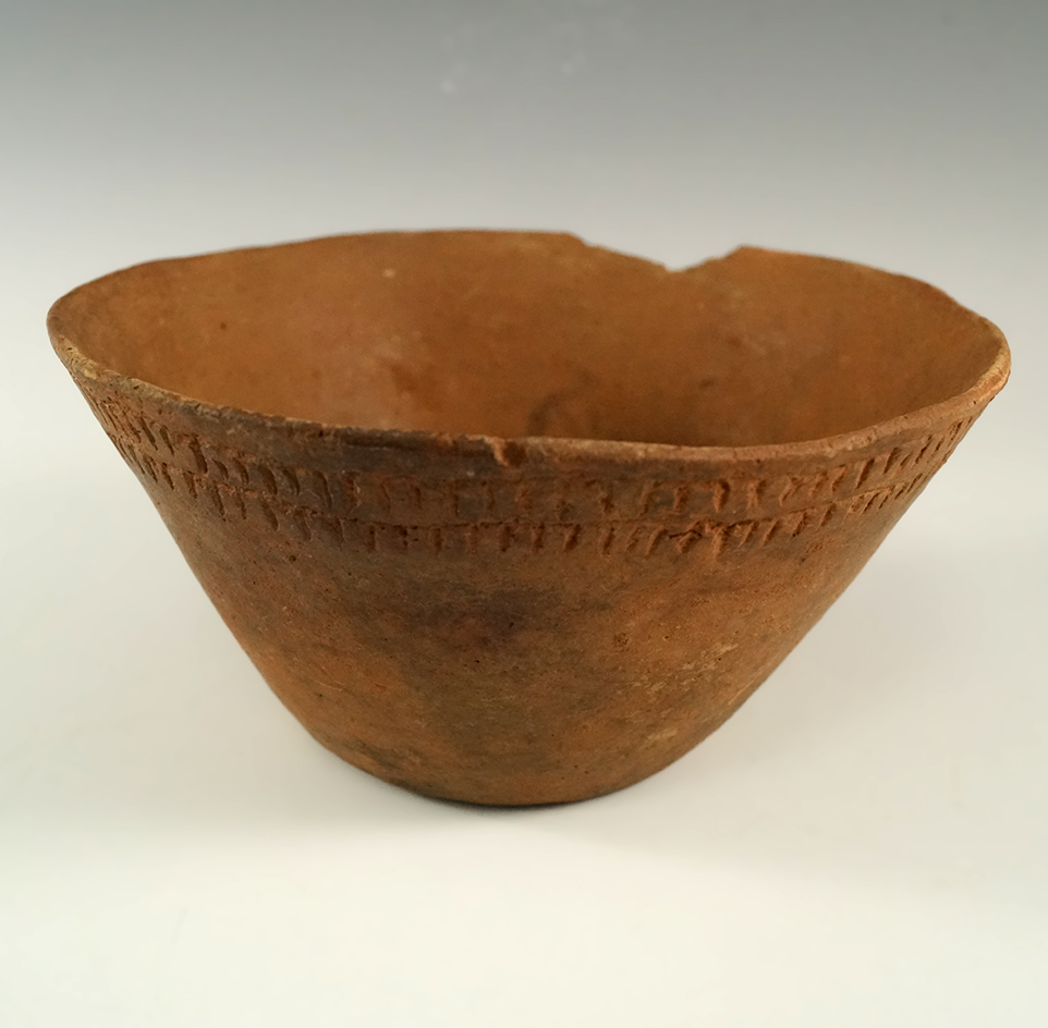 5 1/2" wide by 2 3/4" tall Caddo fingernail impressed Bowl (E. Texas) with nice design on exterior.