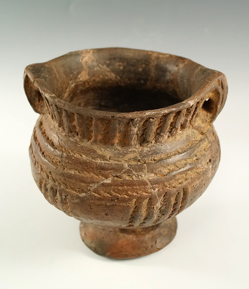 5" tall by 5 1/4" wide Killough Pinched Jar (E. Texas) on a nice three leg raised-pedestal base.