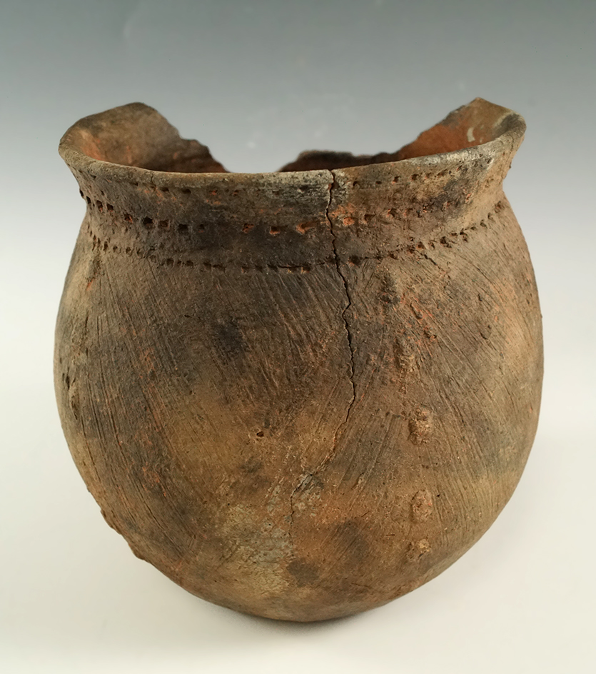 5 1/4" x 5 1/2" Pease Brushed Incised Jar (E. Texas) Some damage to rim, pressure crack.