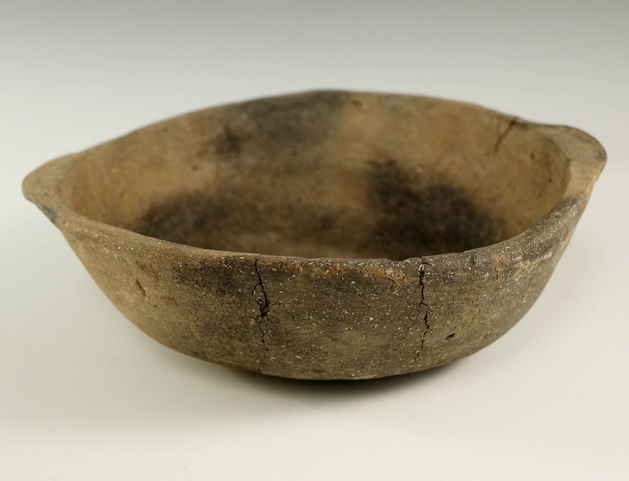 7 5/8" wide by 2 3/16" tall Mississippian shell tempered clay Bowl found in Mississippi Co.,, AR.