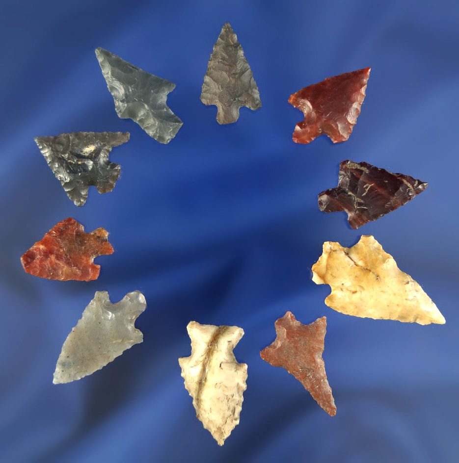 Set of 10 assorted Columbia River Arrowheads, largest is 1 3/16".