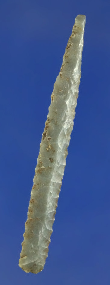 Finally flaked and very well styled 2 1/16" Flint Drill found in Alaska.