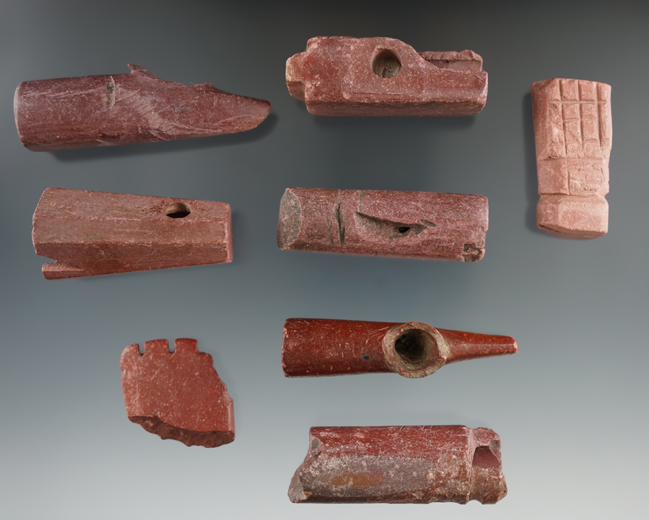 Group of 8 damaged &broken Pipe pieces made from Catlinite found in Eastern South Dakota.